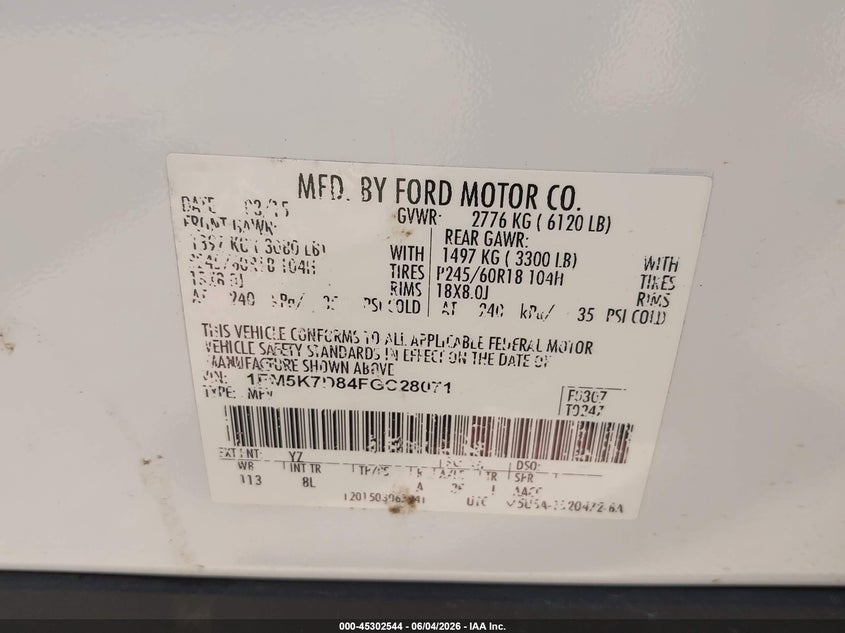 2015 Ford Explorer Xlt VIN: 1FM5K7D84FGC28071 Lot: 45302544