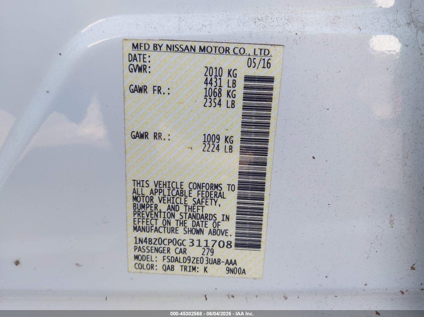 2016 Nissan Leaf Sv VIN: 1N4BZ0CP0GC311708 Lot: 45302568