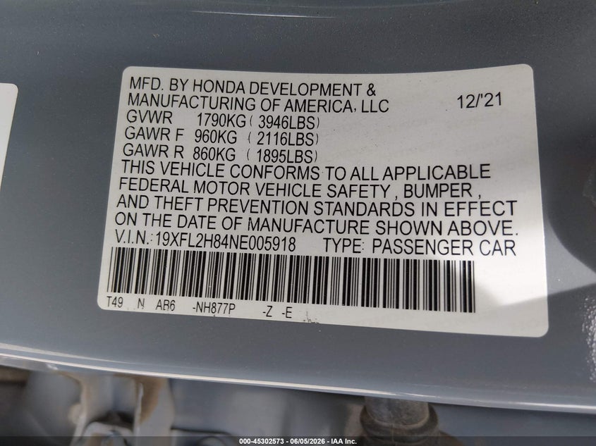 2022 Honda Civic Sport VIN: 19XFL2H84NE005918 Lot: 45302573