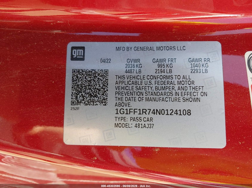 CHEVROLET CAMARO 2022 VIN 1G1FF1R74N0124108