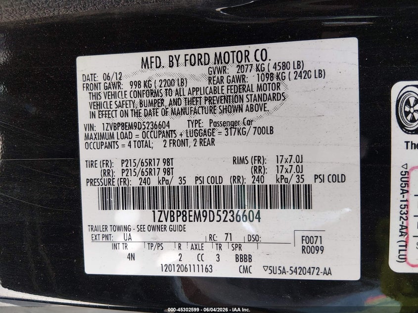 2013 Ford Mustang V6 Premium VIN: 1ZVBP8EM9D5236604 Lot: 45302599