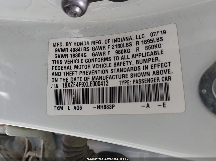 2020 Honda Insight Touring VIN: 19XZE4F9XLE000413 Lot: 45302605