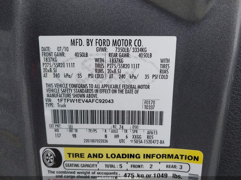 2010 FORD F-150 TRUCK 5.4L V-8 VVT, 310HP