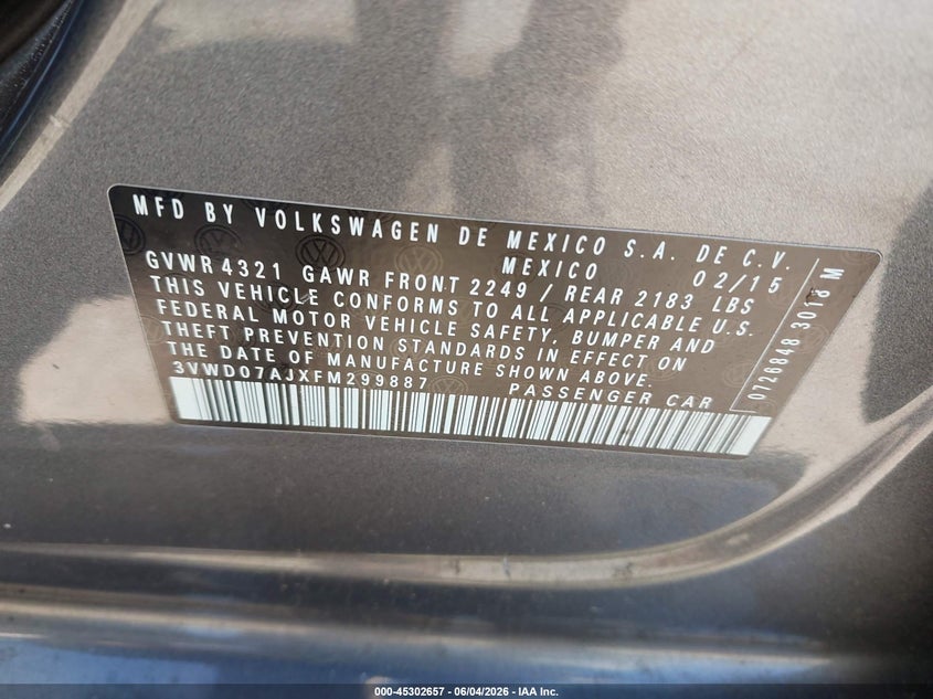 2015 Volkswagen Jetta 1.8T Se VIN: 3VWD07AJXFM299887 Lot: 45302657