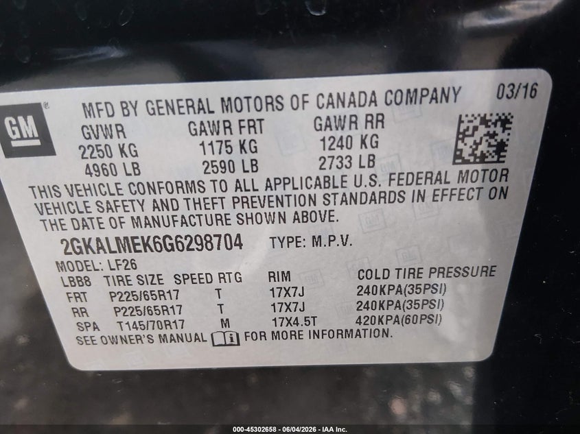 2016 GMC Terrain Sle-1 VIN: 2GKALMEK6G6298704 Lot: 45302658