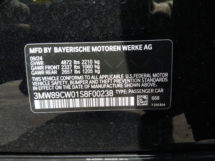 2025 BMW 330I xDrive VIN: 3MW89CW01S8F00238 Lot: 45302662