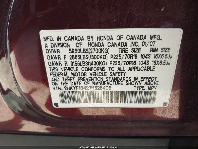 2007 Honda Pilot Ex VIN: 2HKYF18427H528408 Lot: 45302696