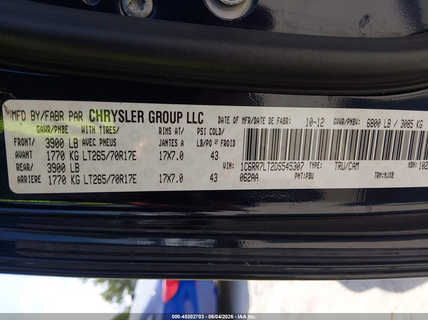 2013 Ram 1500 Slt VIN: 1C6RR7LT2DS545307 Lot: 45302703