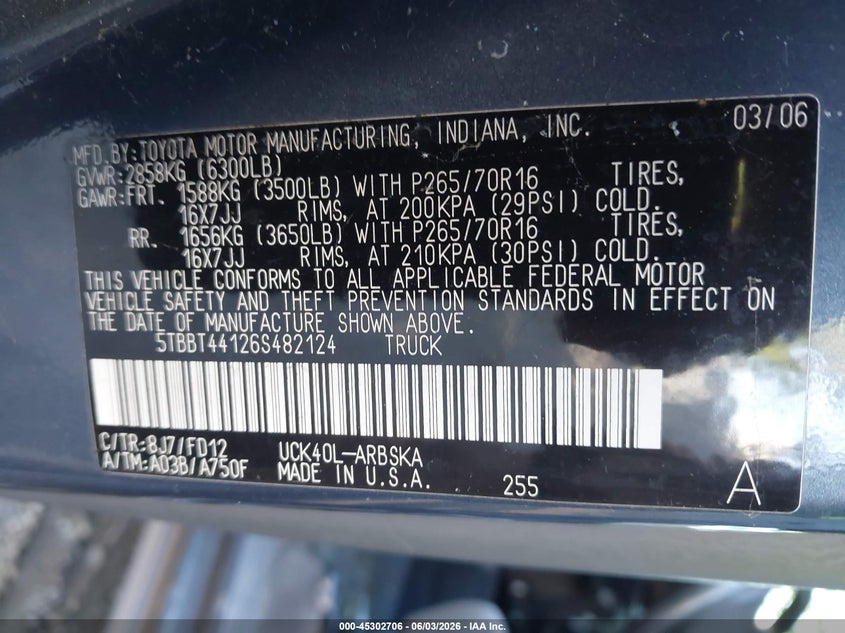 2006 Toyota Tundra Sr5 V8 VIN: 5TBBT44126S482124 Lot: 45302706