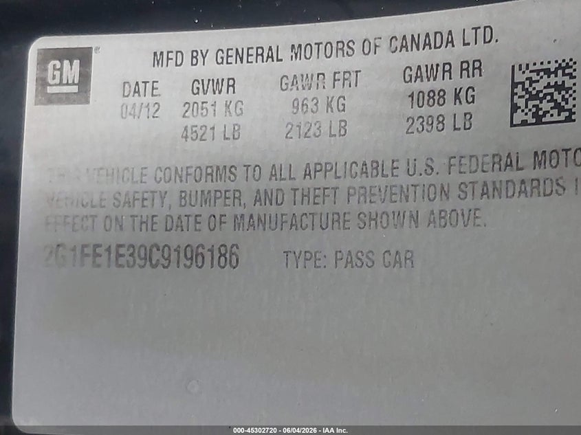 2012 Chevrolet Camaro 1Ls VIN: 2G1FE1E39C9196186 Lot: 45302720