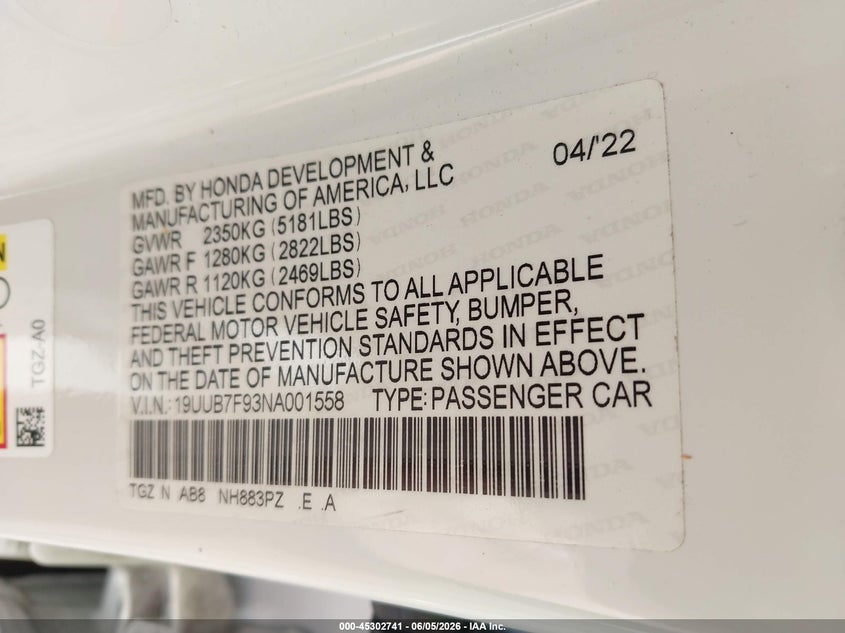 ACURA TLX 2022 VIN 19UUB7F93NA001558