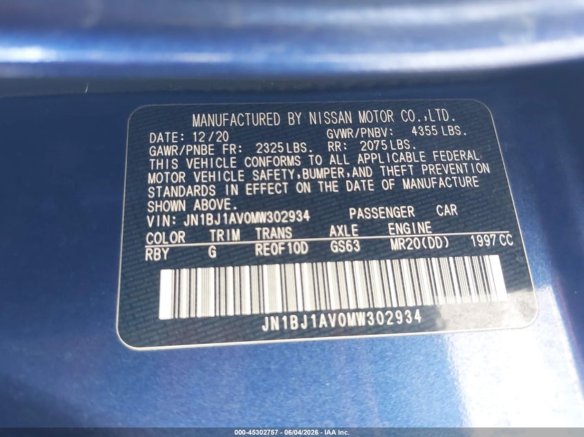 2021 Nissan Rogue Sport S Fwd Xtronic Cvt VIN: JN1BJ1AV0MW302934 Lot: 45302757