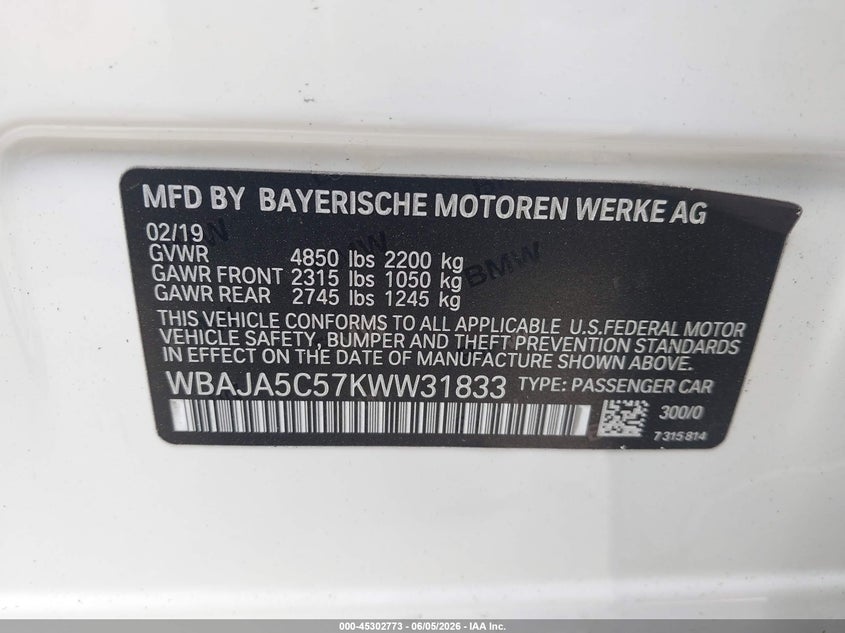 2019 BMW 530I VIN: WBAJA5C57KWW31833 Lot: 45302773