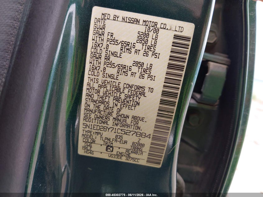 2001 Nissan Xterra Se VIN: 5N1ED28Y71C527884 Lot: 45302775