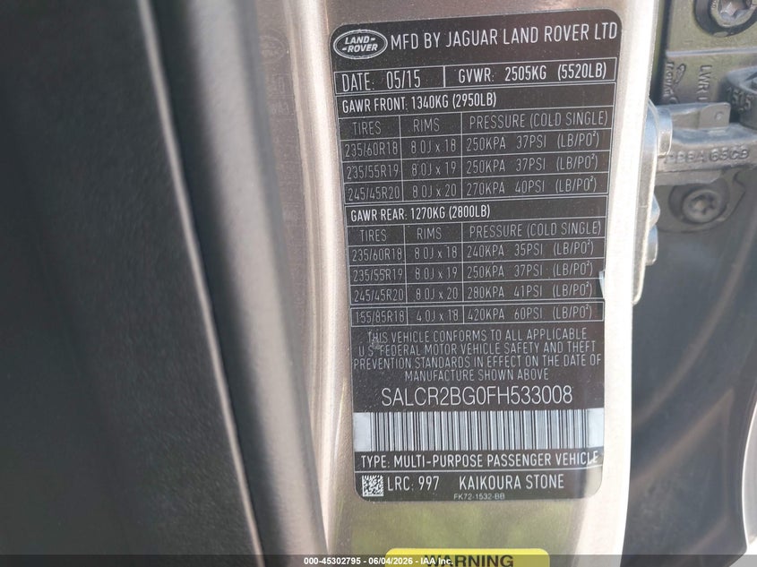 2015 Land Rover Discovery Sport Hse VIN: SALCR2BG0FH533008 Lot: 45302795