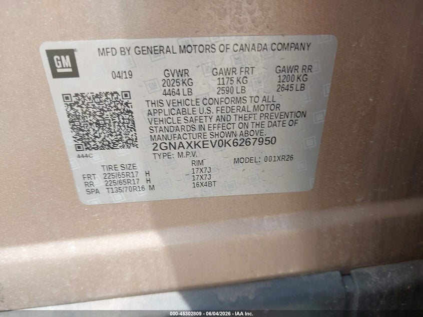 2019 Chevrolet Equinox Lt VIN: 2GNAXKEV0K6267950 Lot: 45302809