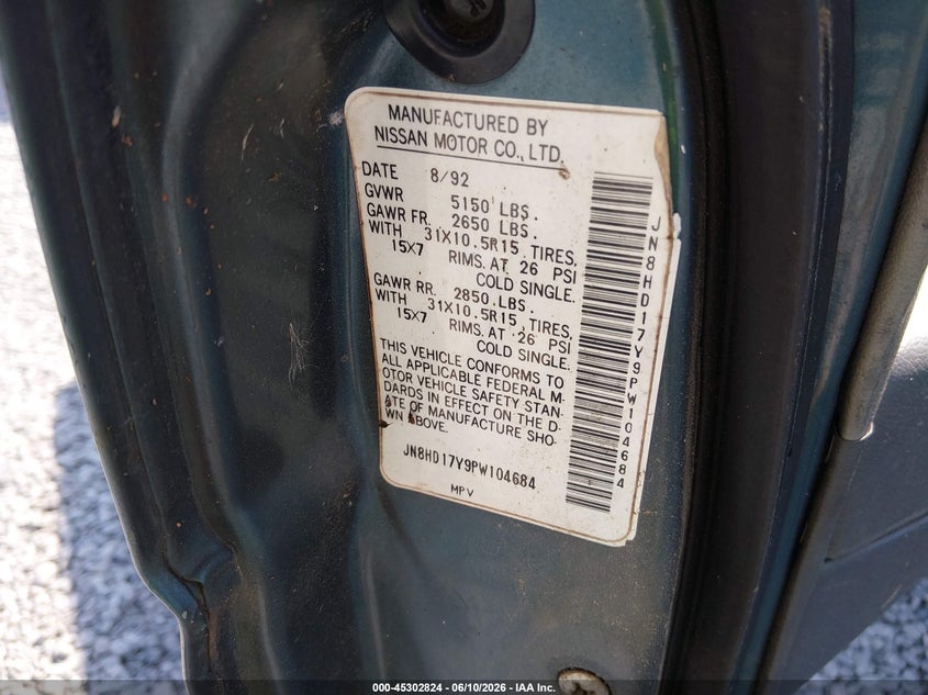 1993 Nissan Pathfinder Xe/Se VIN: JN8HD17Y9PW104684 Lot: 45302824