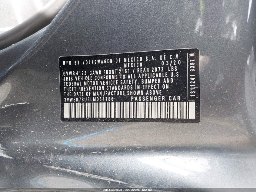 2020 Volkswagen Jetta 1.4T Sel VIN: 3VWEB7BU3LM054786 Lot: 45302828