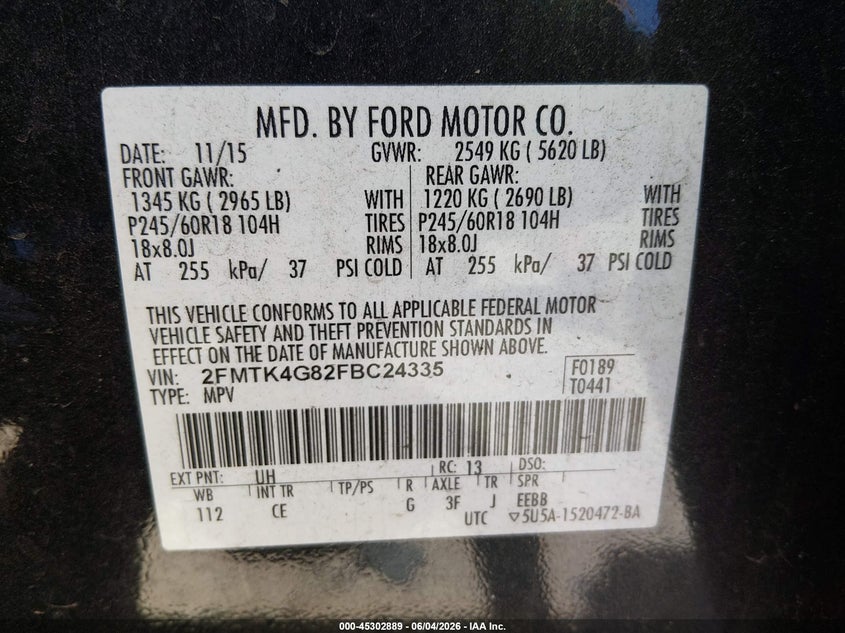 2015 Ford Edge Se VIN: 2FMTK4G82FBC24335 Lot: 45302889