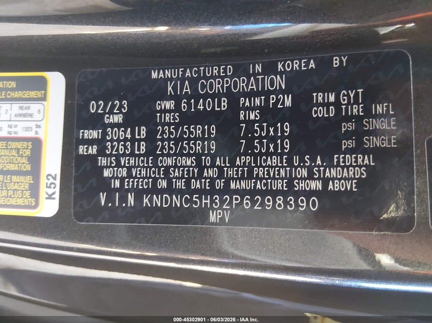 2023 Kia Carnival Mpv Ex VIN: KNDNC5H32P6298390 Lot: 45302901