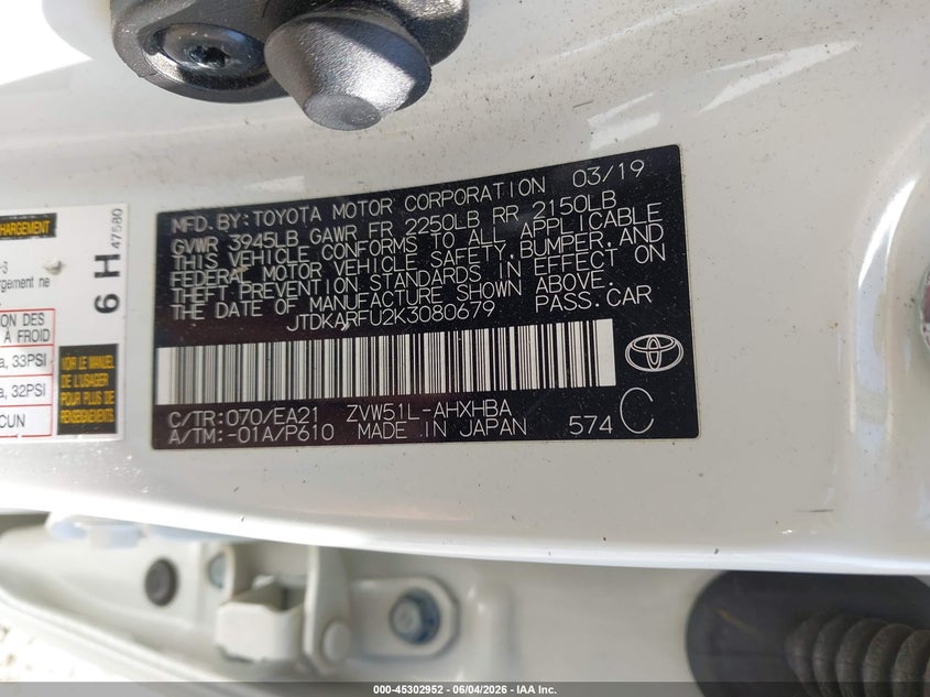 2019 Toyota Prius Limited VIN: JTDKARFU2K3080679 Lot: 45302952