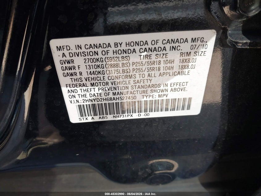 2010 Acura Mdx Technology Package VIN: 2HNYD2H68AH527450 Lot: 45302990
