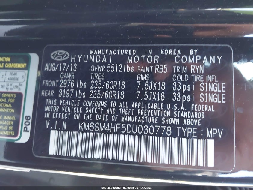 2013 HYUNDAI SANTA FE SPORT UTILITY VEHICLE 3.3L V-6 DI, DOHC, VVT, 290HP