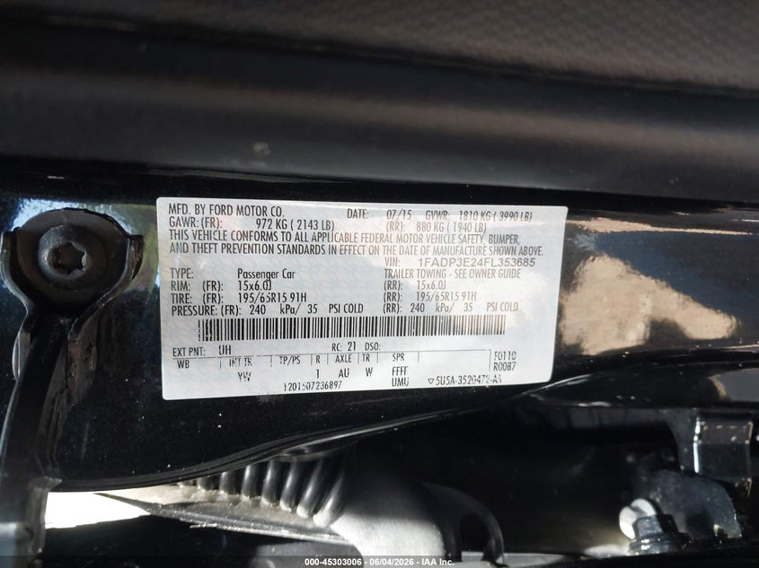 2015 Ford Focus S VIN: 1FADP3E24FL353685 Lot: 45303006