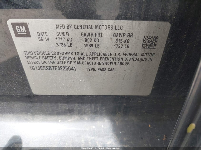 2014 Chevrolet Sonic Ltz Auto VIN: 1G1JE5SB7E4225641 Lot: 45303012
