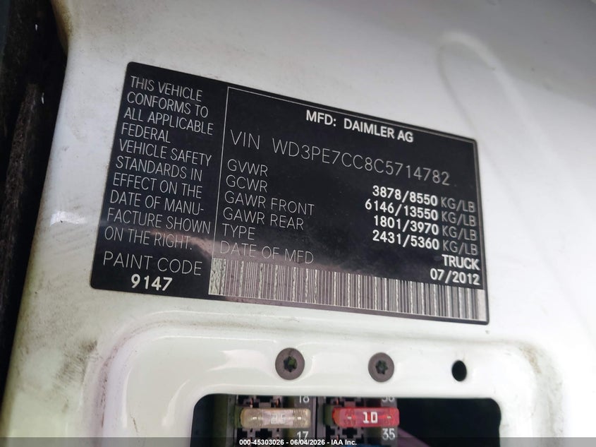 2012 Mercedes-Benz Sprinter 2500 Normal Roof VIN: WD3PE7CC8C5714782 Lot: 45303026