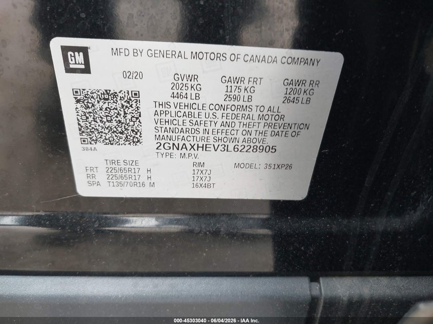 2020 Chevrolet Equinox Fwd Ls VIN: 2GNAXHEV3L6228905 Lot: 45303040