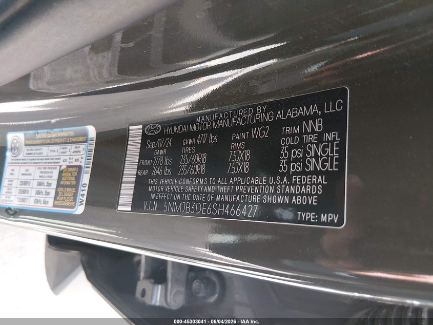 2025 Hyundai Tucson Sel VIN: 5NMJB3DE6SH466427 Lot: 45303041