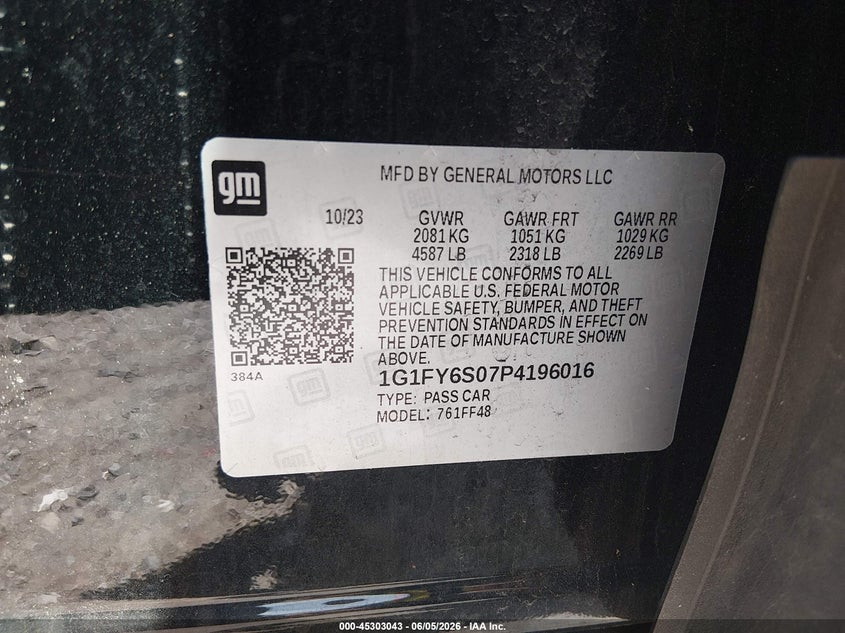 2023 Chevrolet Bolt Euv Fwd Lt VIN: 1G1FY6S07P4196016 Lot: 45303043