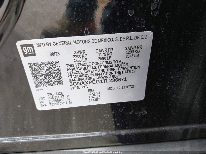 2026 Chevrolet Equinox Awd Lt VIN: 3GNAXPEG1TL236671 Lot: 45303048
