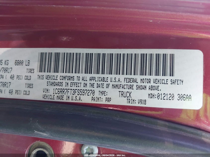 2015 Ram 1500 Tradesman VIN: 1C6RR7FT3FS597270 Lot: 45303054