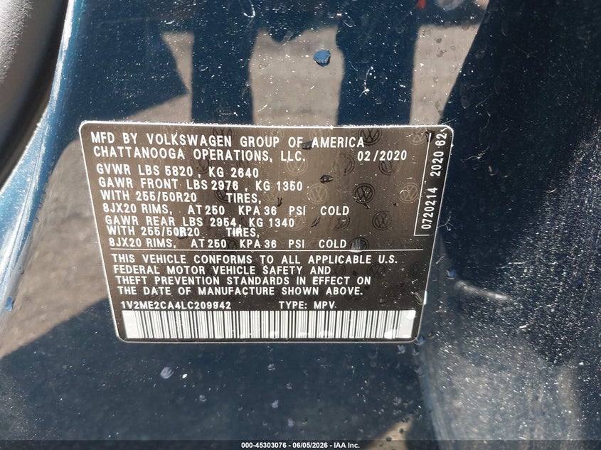 2020 Volkswagen Atlas Cross Sport 3.6L V6 Sel VIN: 1V2ME2CA4LC209942 Lot: 45303076