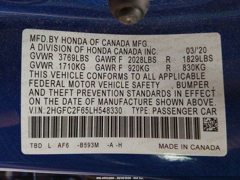VIN 2HGFC2F65LH548330 2020 HONDA CIVIC LX