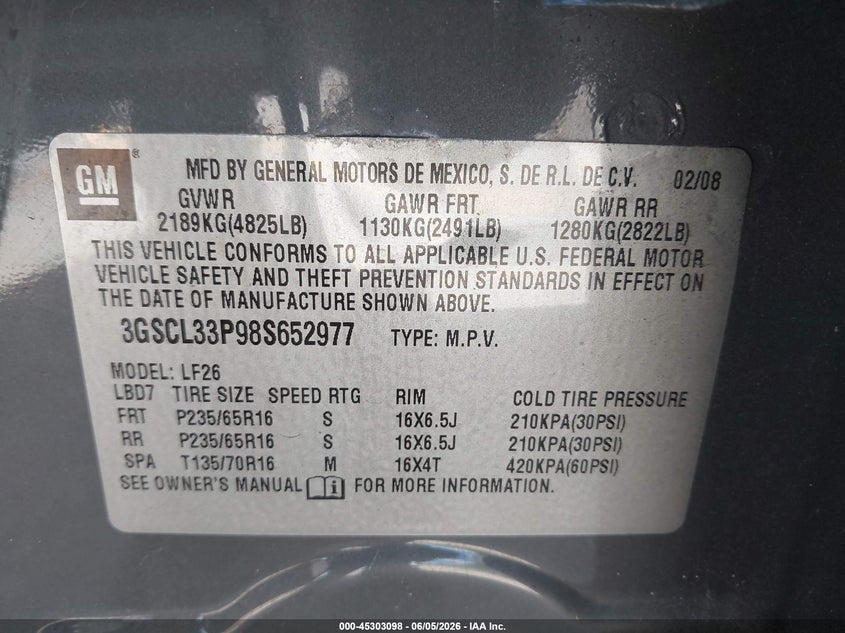 2008 Saturn Vue 4-Cyl Xe VIN: 3GSCL33P98S652977 Lot: 45303098