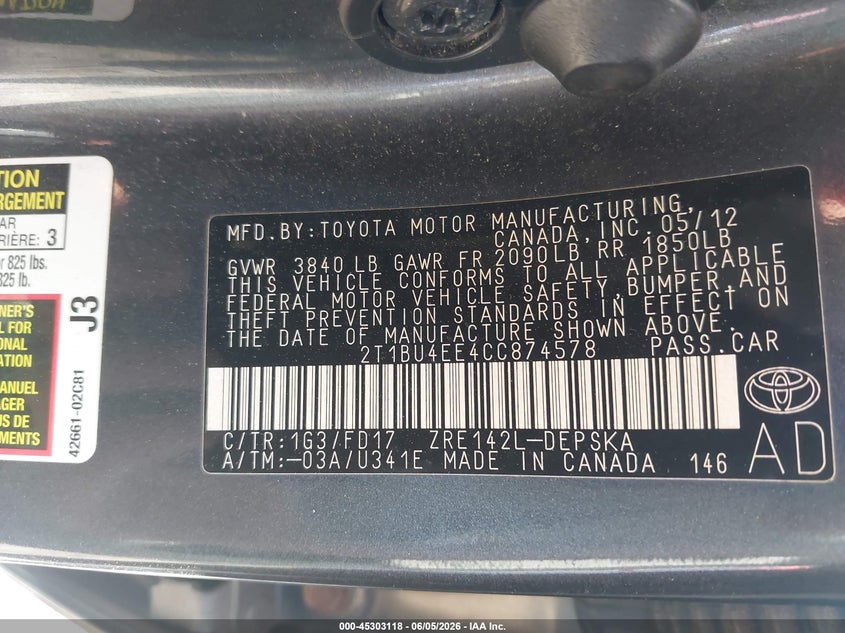 2012 Toyota Corolla 1.8 S grey Lot 111045303118 Vin 2T1BU4EE4CC874578