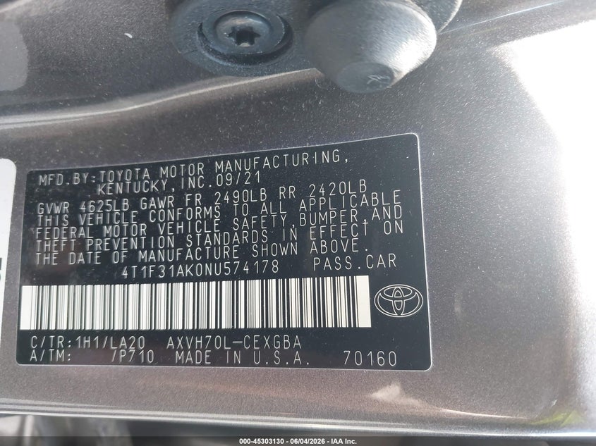 2022 Toyota Camry Xle Hybrid VIN: 4T1F31AK0NU574178 Lot: 45303130