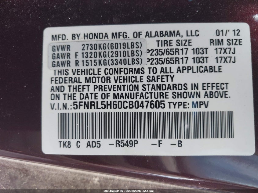 2012 HONDA ODYSSEY VAN 3.5L V-6 VVT, 248HP