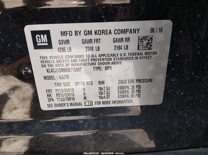 2019 Buick Encore Fwd Sport Touring VIN: KL4CJ1SM6KB715897 Lot: 45303191