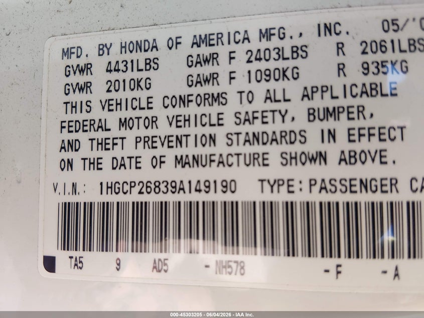 2009 Honda Accord 2.4 Ex-L VIN: 1HGCP26839A149190 Lot: 45303205