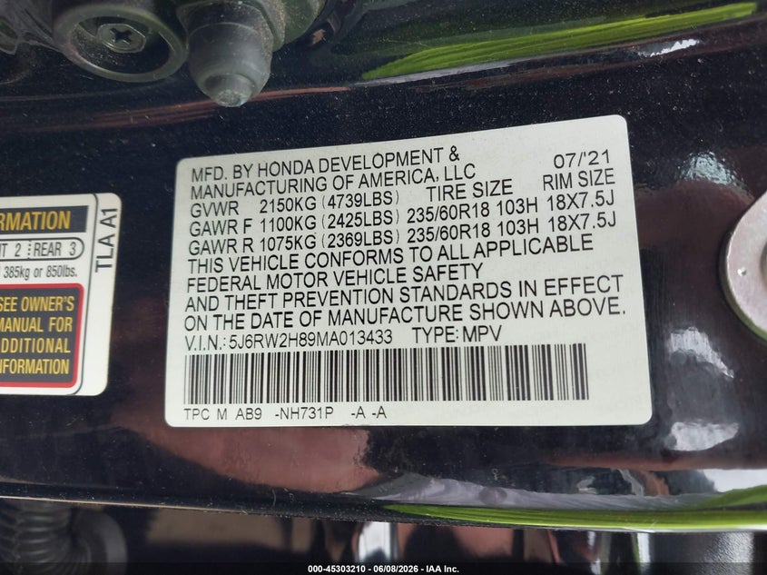 2021 HONDA CR-V 1.5L I-4 DI, DOHC, V(VIN: 5J6RW2H89MA013433