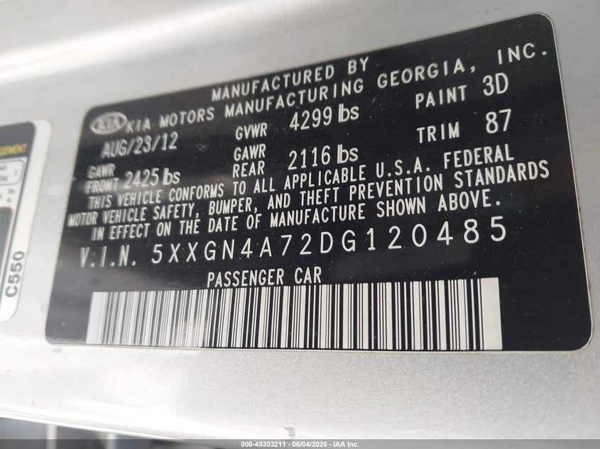 2013 Kia Optima Ex VIN: 5XXGN4A72DG120485 Lot: 45303211