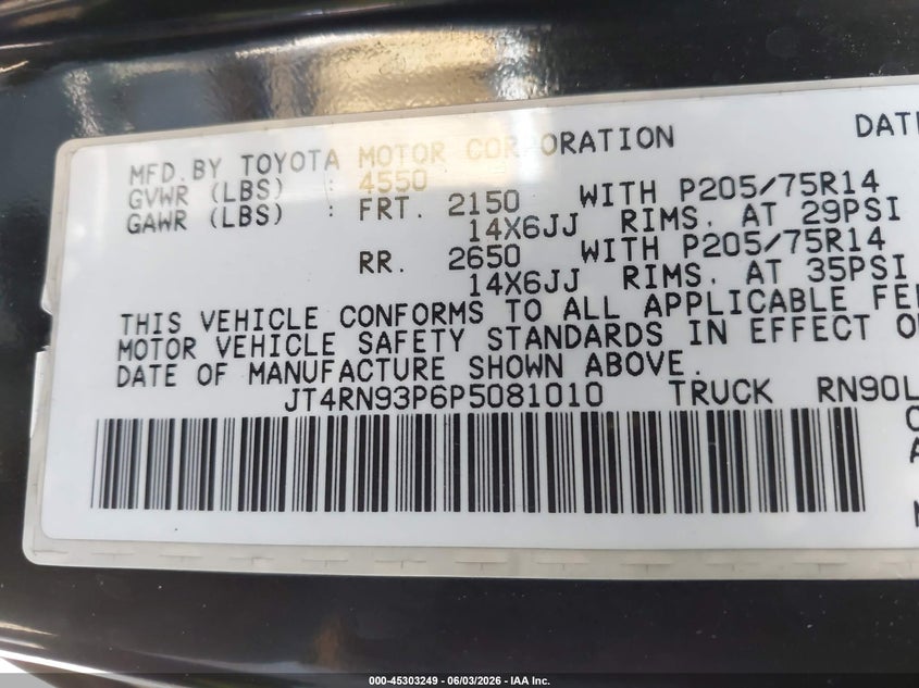 1993 Toyota Pickup 1/2 Ton Ex Long Whlbse Dx VIN: JT4RN93P6P5081010 Lot: 45303249
