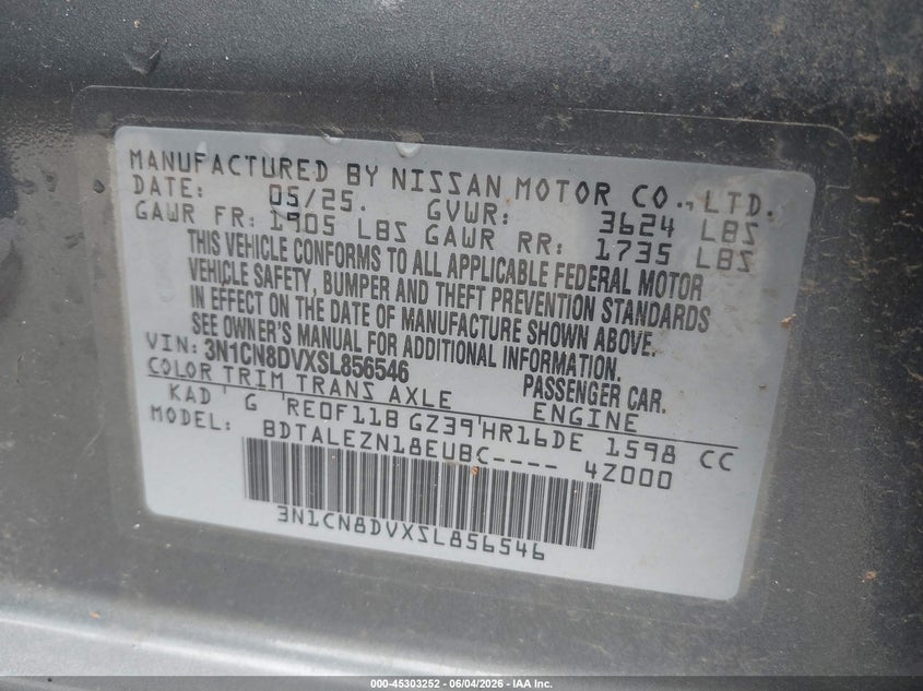 2025 Nissan Versa 1.6 S VIN: 3N1CN8DVXSL856546 Lot: 45303252