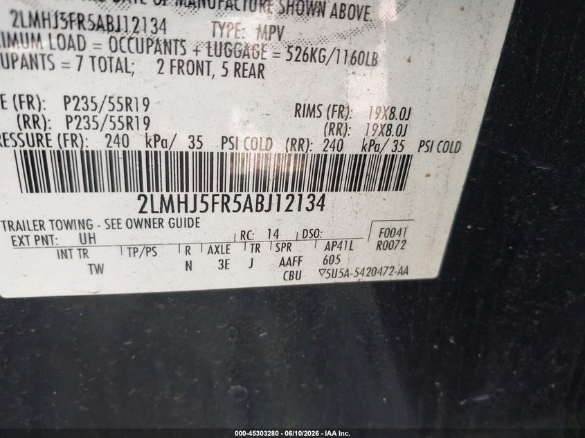 2010 Lincoln Mkt VIN: 2LMHJ5FR5ABJ12134 Lot: 45303280