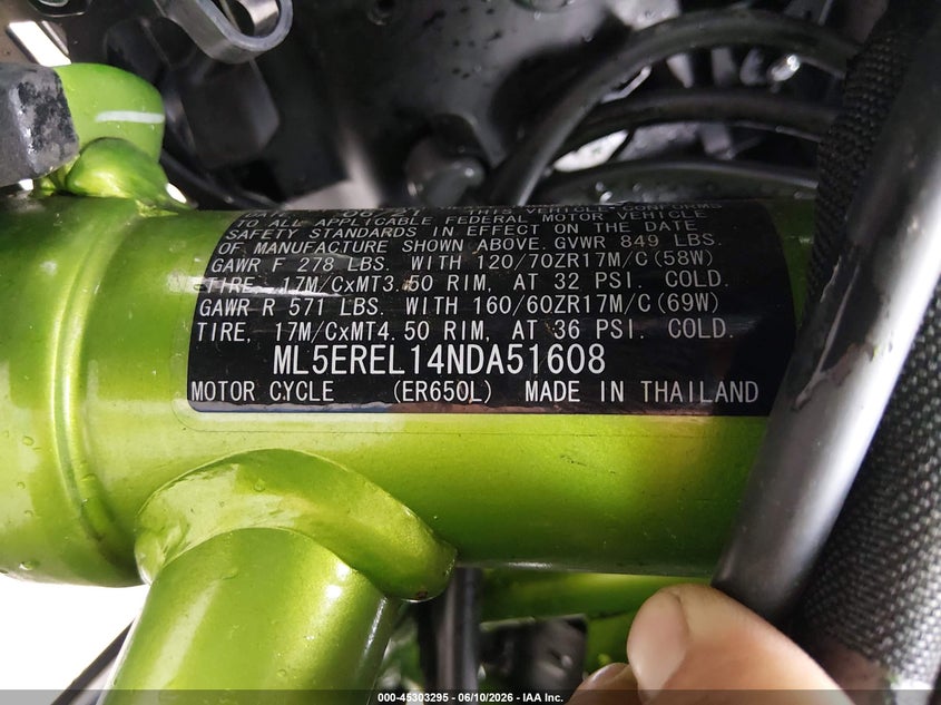 2022 Kawasaki Er650 L VIN: ML5EREL14NDA51608 Lot: 45303295