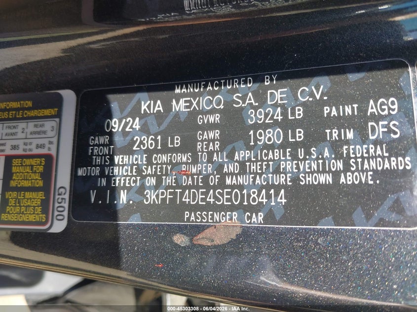 2025 Kia K4 Lxs VIN: 3KPFT4DE4SE018414 Lot: 45303308